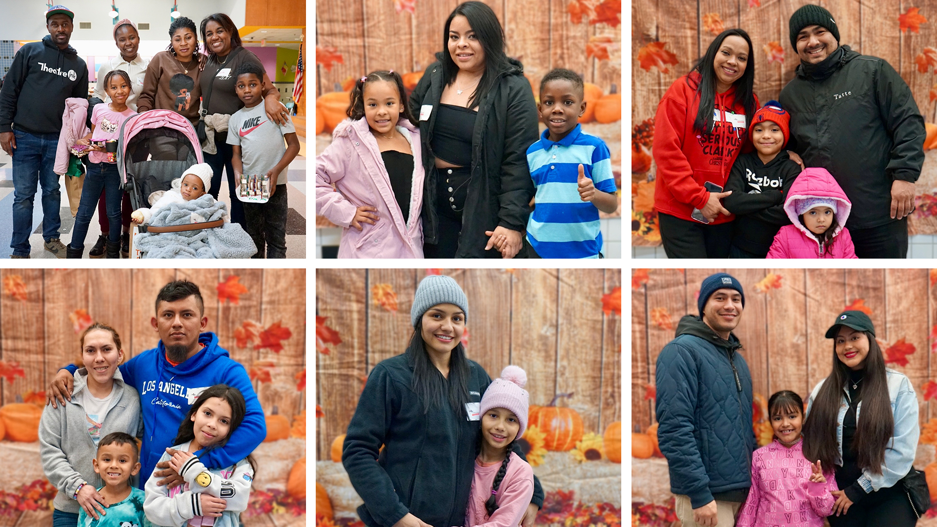 Collage of six pictures of families who attended the Newcomer Thanksgiving at the Sokolowski School